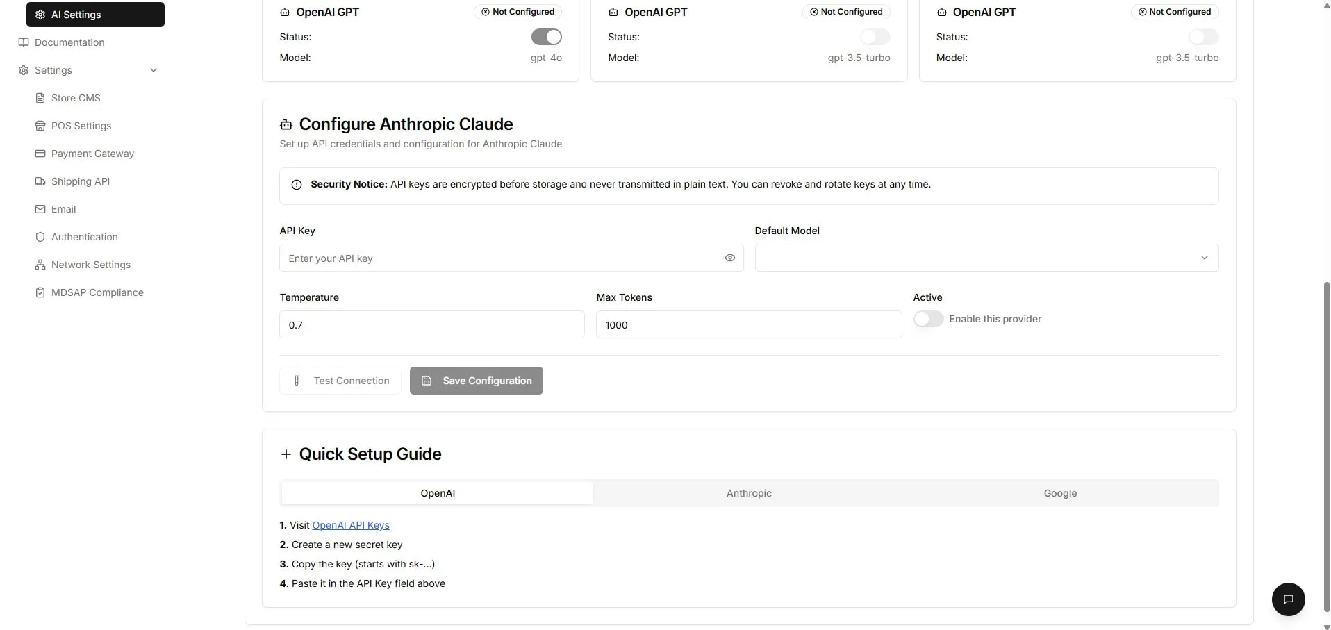 AI Settings — provider failover and policy enforcement.