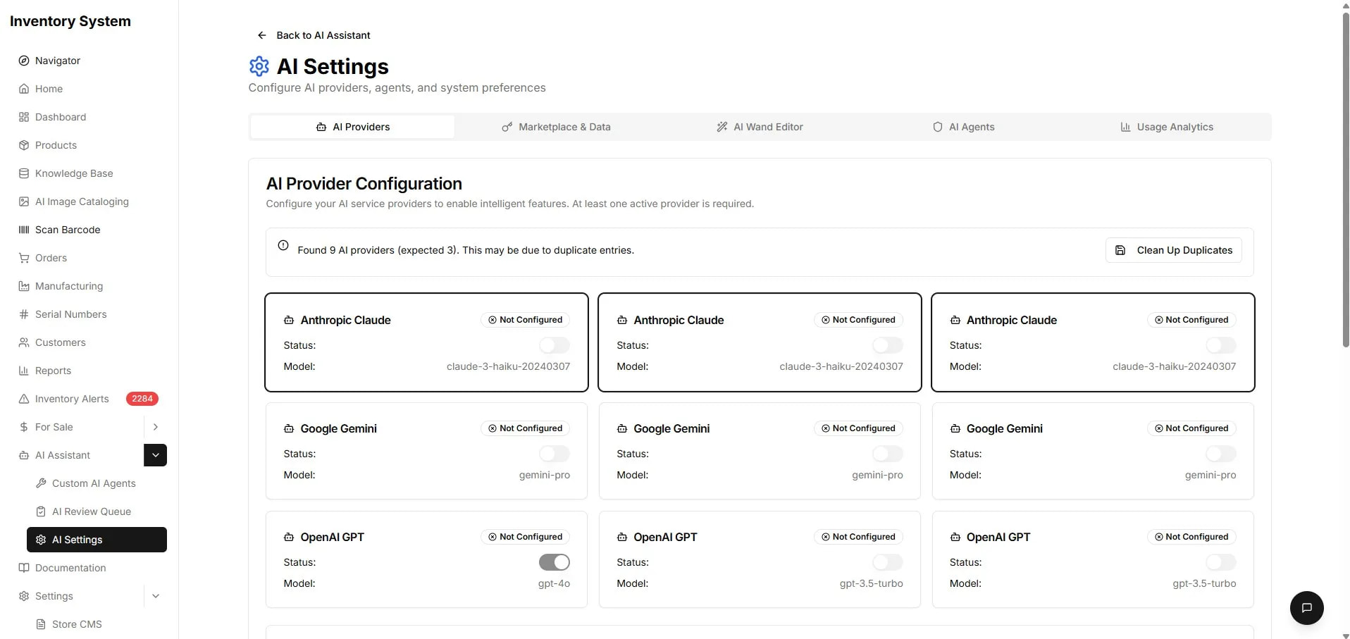 AI Settings — model registry across cloud and local providers.