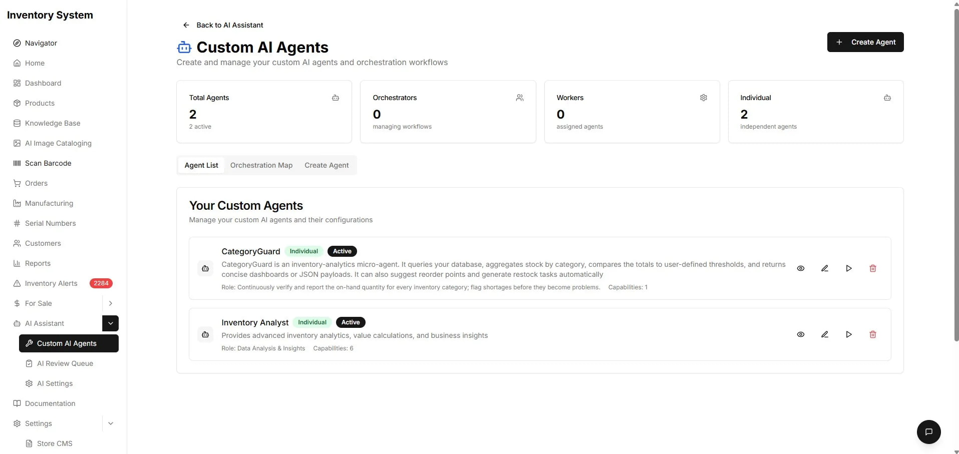 Custom AI Agents — named role-specific agents with their own scope.