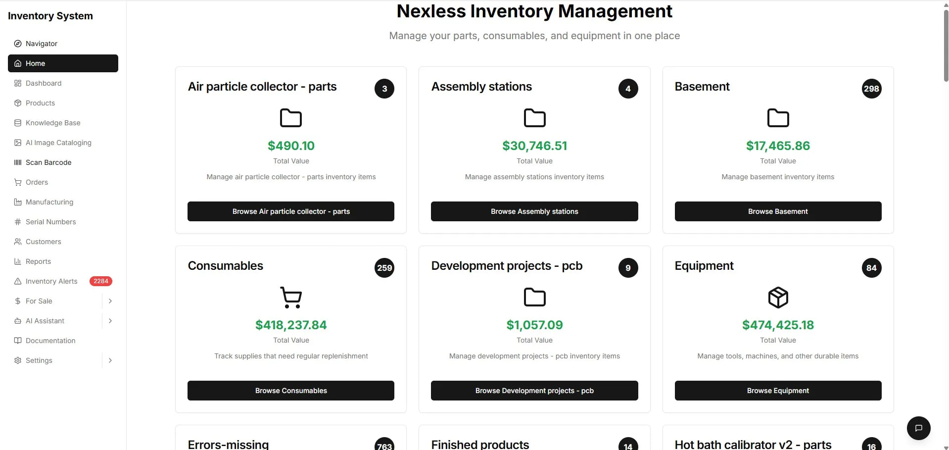 Home — every inventory category with live counts and total values.