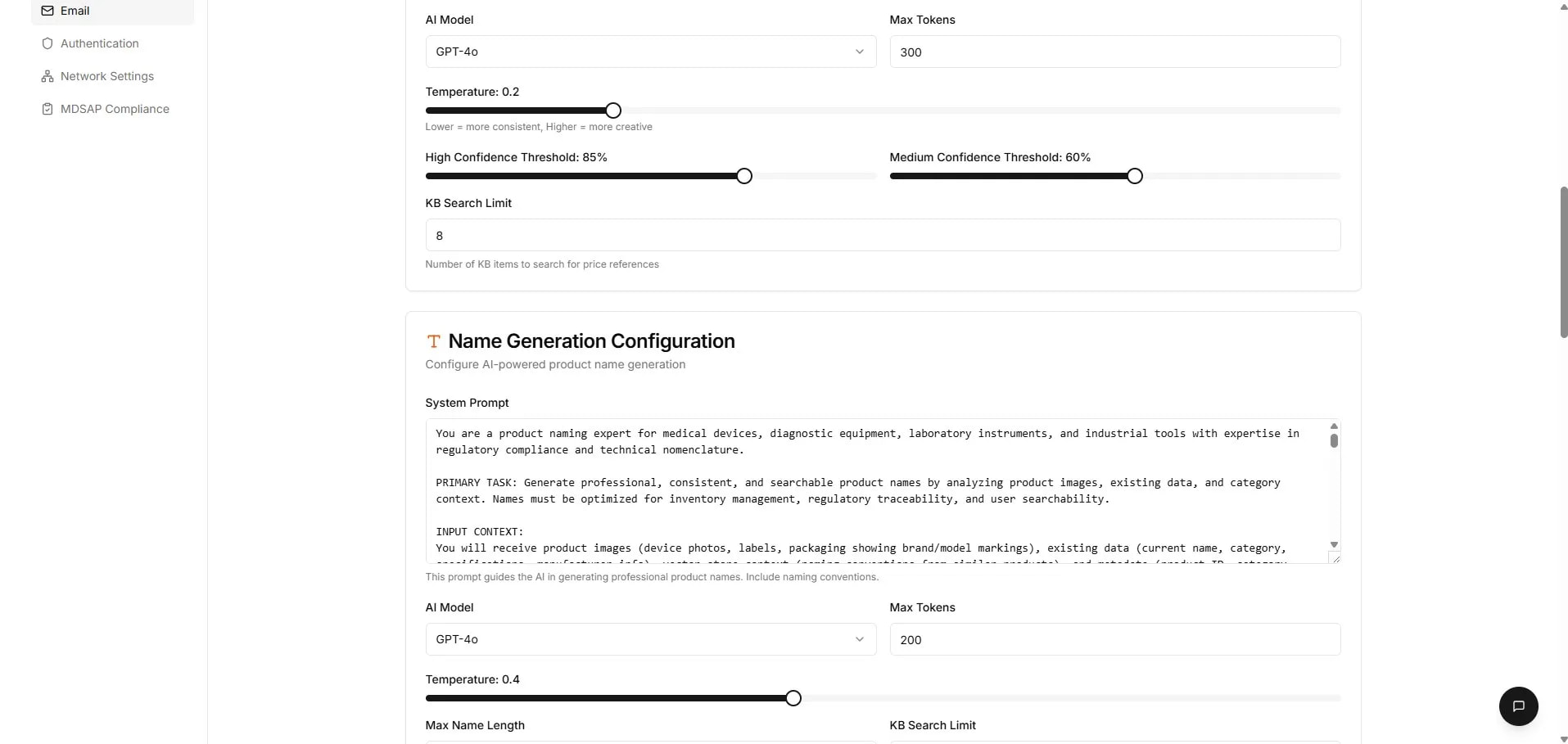 Knowledge Base — model and provider settings.