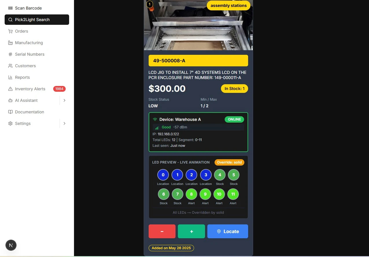 Pick2Light — live LED animation preview with per-segment location, stock, and alert states.