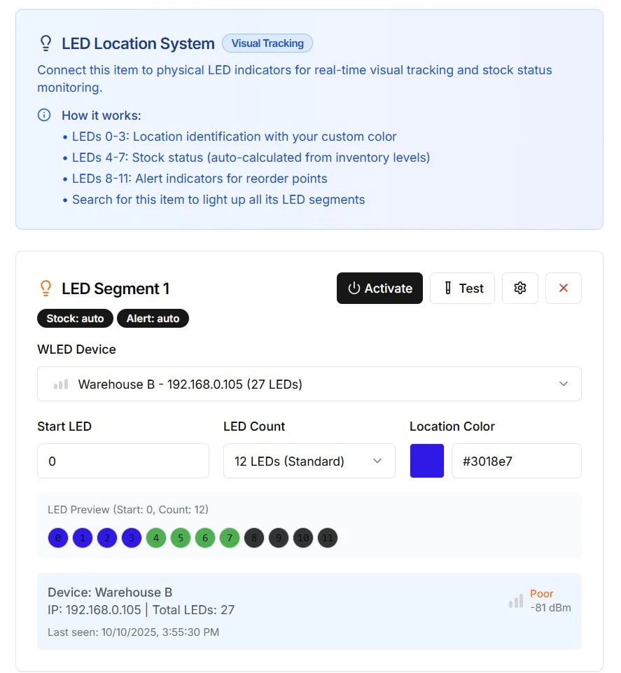 Pick2Light — LED location segments bound to WLED devices, with stock and alert colors.
