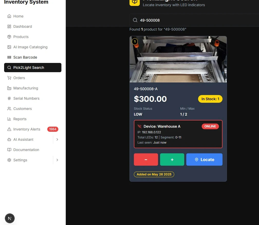 Pick2Light Search — find a product and light up its warehouse location.