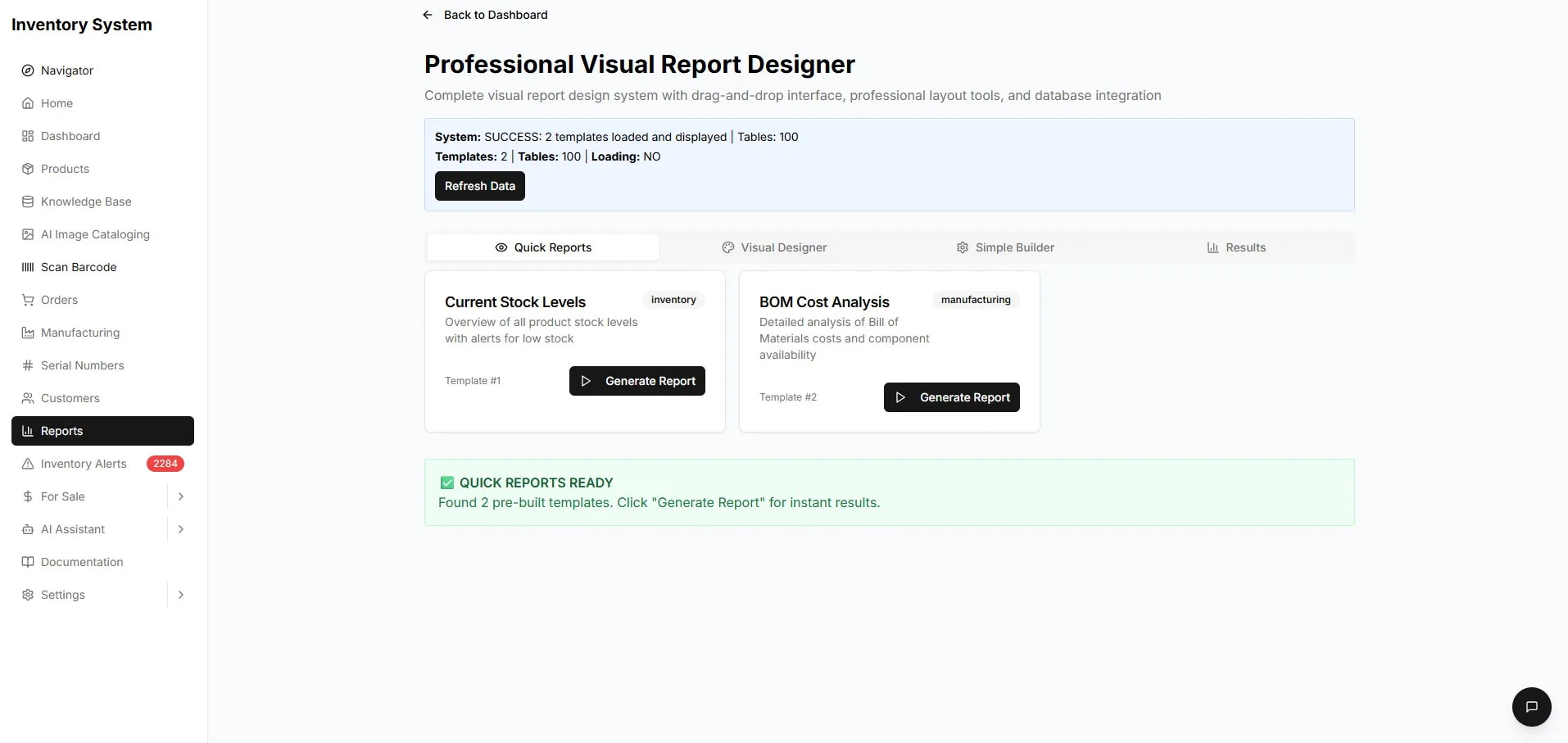 Reports — stock, consumption, and AI usage analytics.
