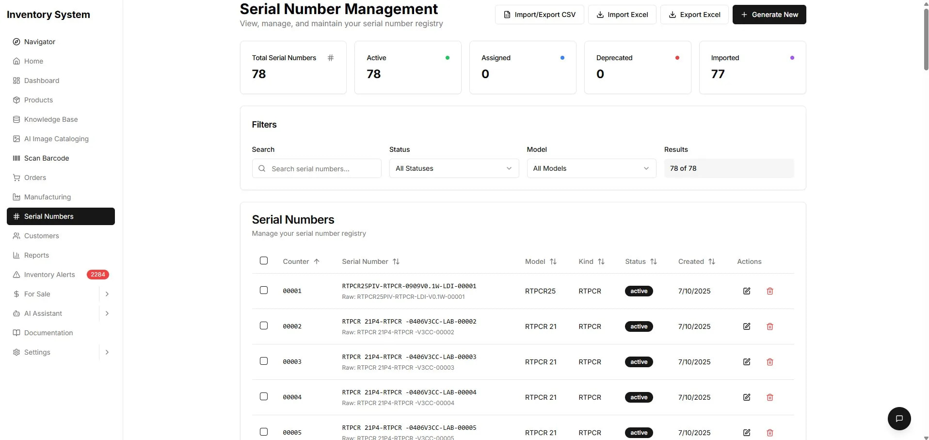 Serial Numbers — configurable patterns with full traceability.