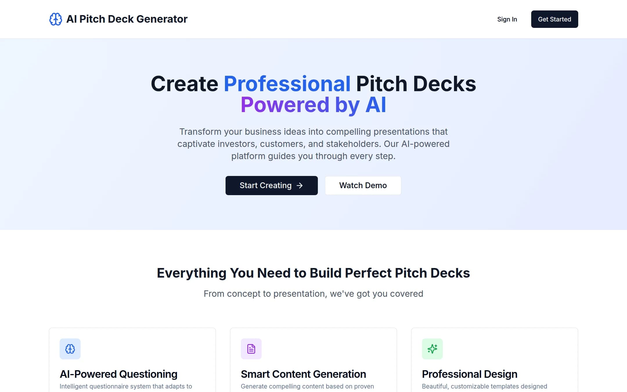 AI Pitch Deck Generator — Turn business ideas into investor-ready decks — adaptive questioning, AI content generation, and professional templates.