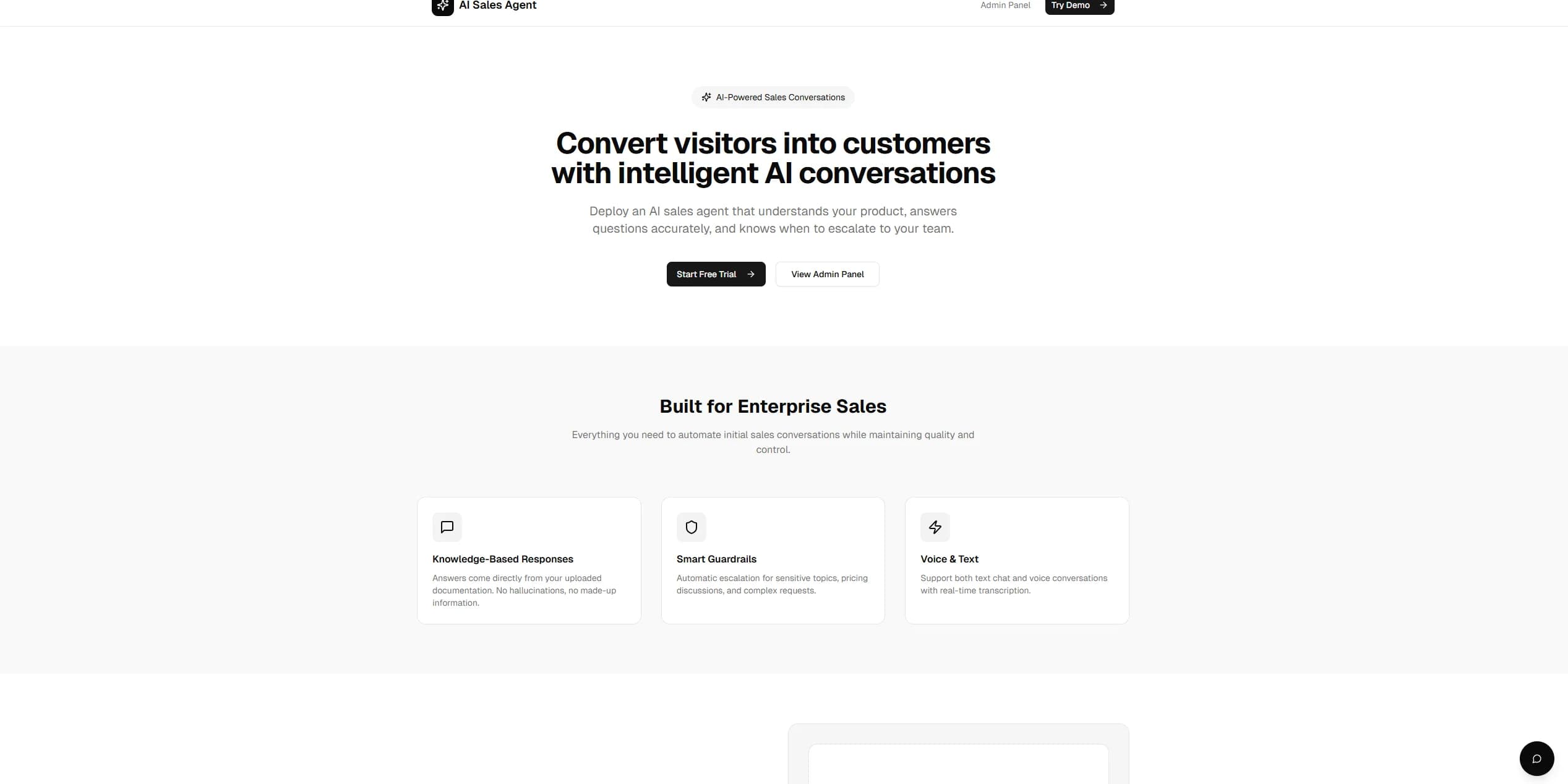 AI Sales Agent — Knowledge-grounded AI sales conversations with smart escalation guardrails and voice + text support — admin panel included.
