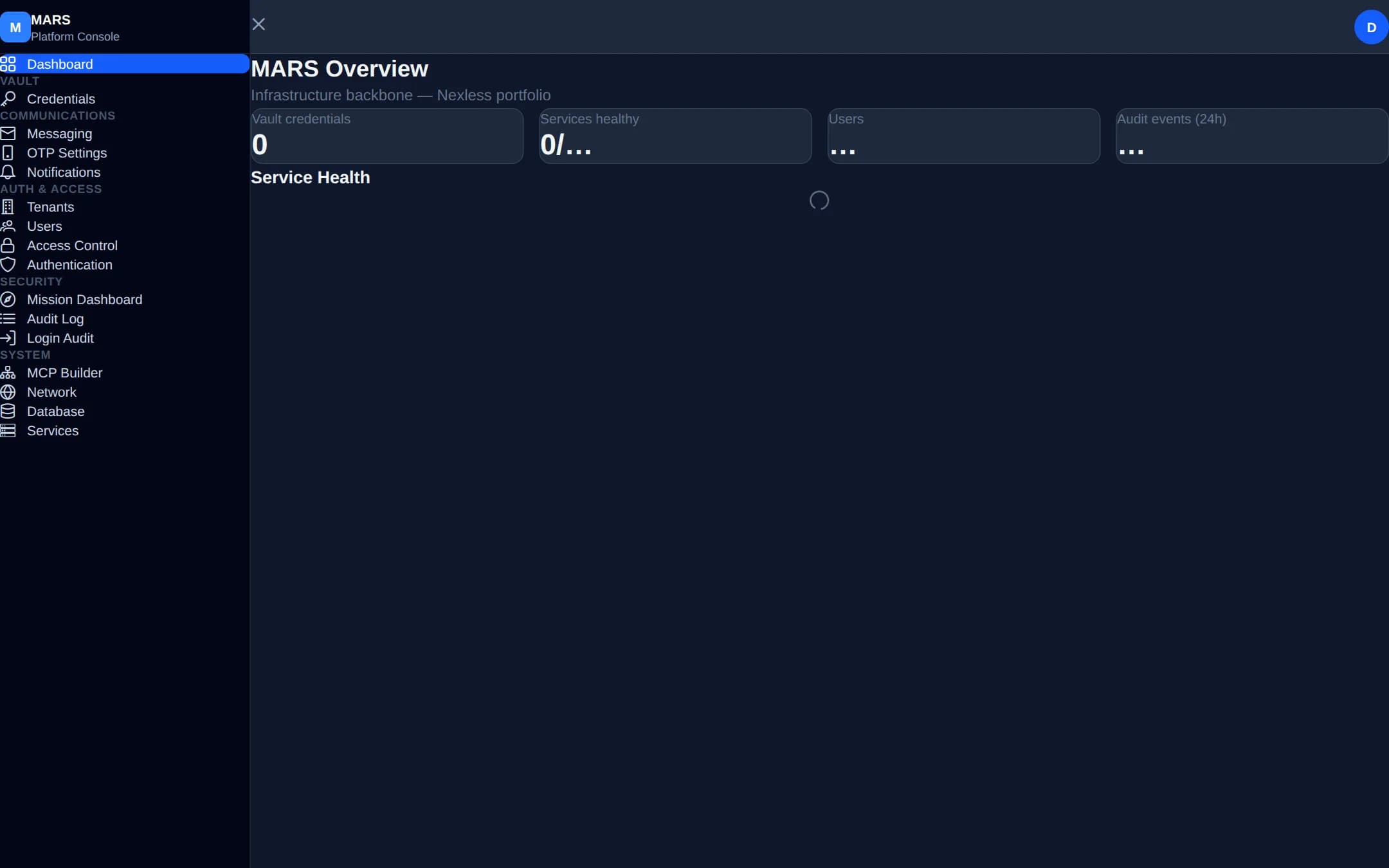 MARS — Platform Console — Infrastructure backbone for the NEXLESS portfolio — credential vault, tenants, access control, and audit in one console