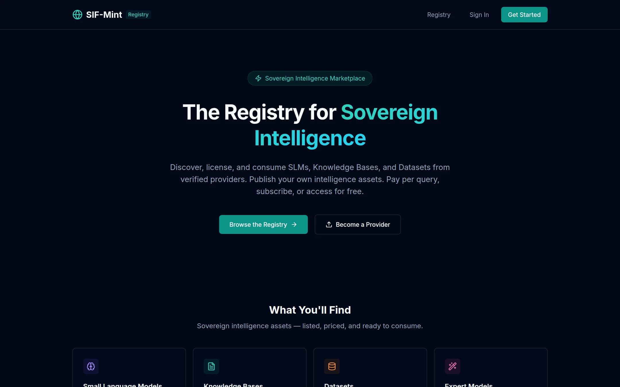 SIF-Mint Registry — The registry for sovereign intelligence — discover, license, and consume SLMs, knowledge bases, and datasets from verified providers